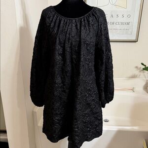 New York & Company Black Textured Long-Sleeve Peasant Dress